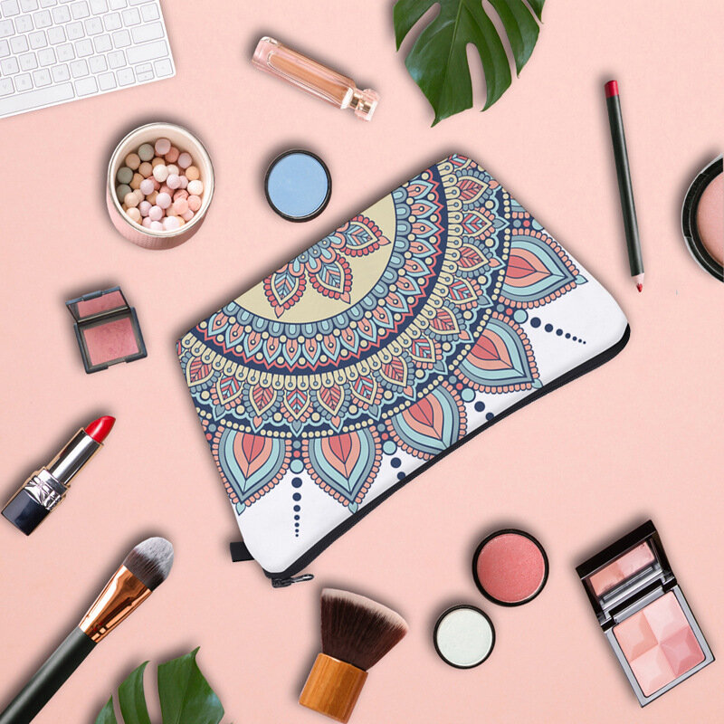 Bolsa de cosméticos con diseño de Mandala para mujer, bolso portátil de viaje con estampado de flores, ideal para guardar cosméticos, lápices, oficina, 2021