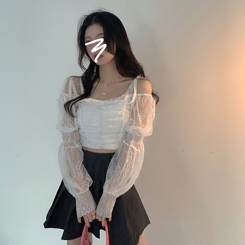 Celana Pendek Wanita Blus Pullover Renda Sifon Leher Potong Lengan Panjang Musim Panas Tipis 2021 Baru Putih Lengan Pendek Mesh Wanita Top 411C