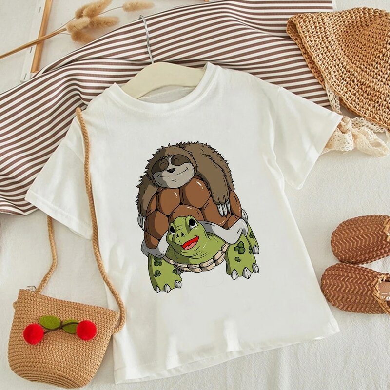 Śmieszne zwierząt drukowane dziewczyna T-shirt żółw lenistwo Drag Racing letnie dzieci topy chłopiec gra na świeżym powietrzu Tee moda dziecko koszula Plus Size