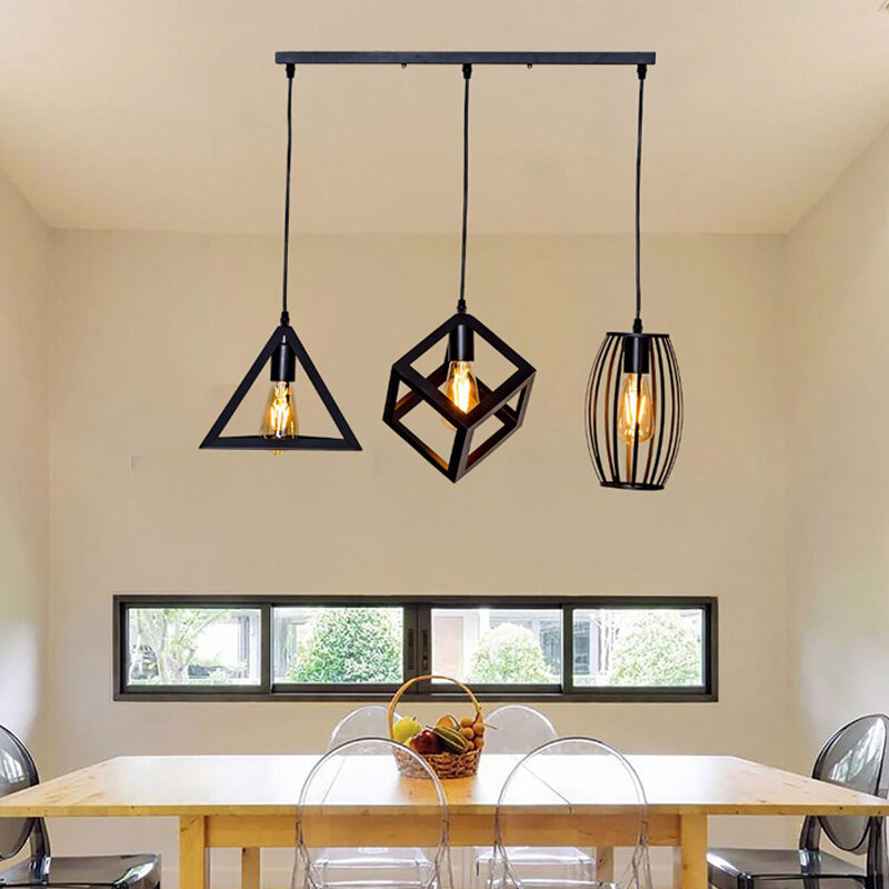 Lampes suspendues rétro métal avec abat-jour cage pyramide en fer noir, style loft industriel américain