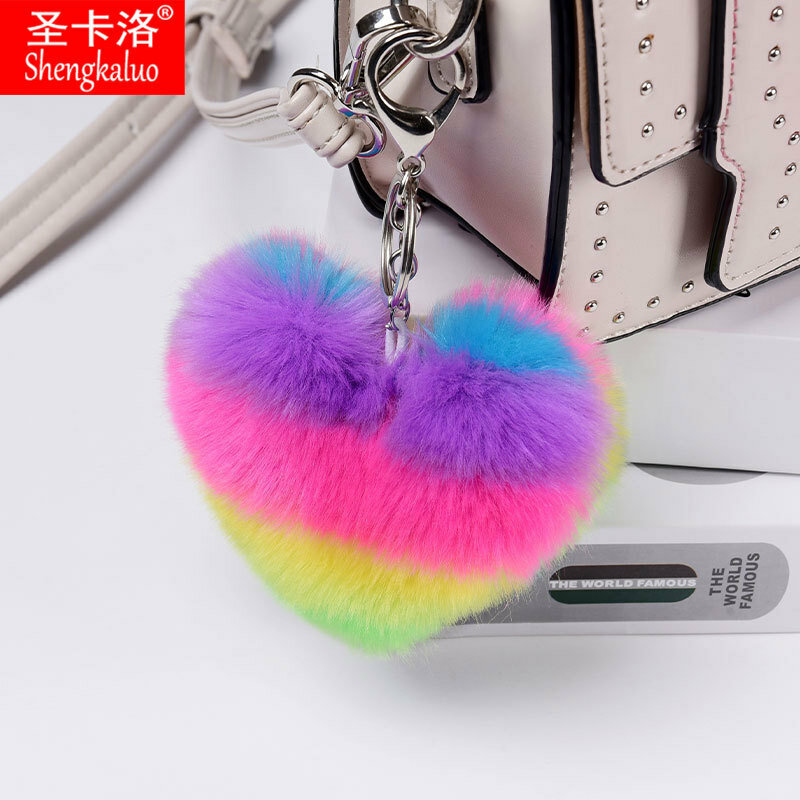 ขนสัตว์ Faux Multicolor เย็บ Love จี้สีตุ๊กตาพีชหัวใจพวงกุญแจ Rainbow Heart-รูปกระเป๋าจุด