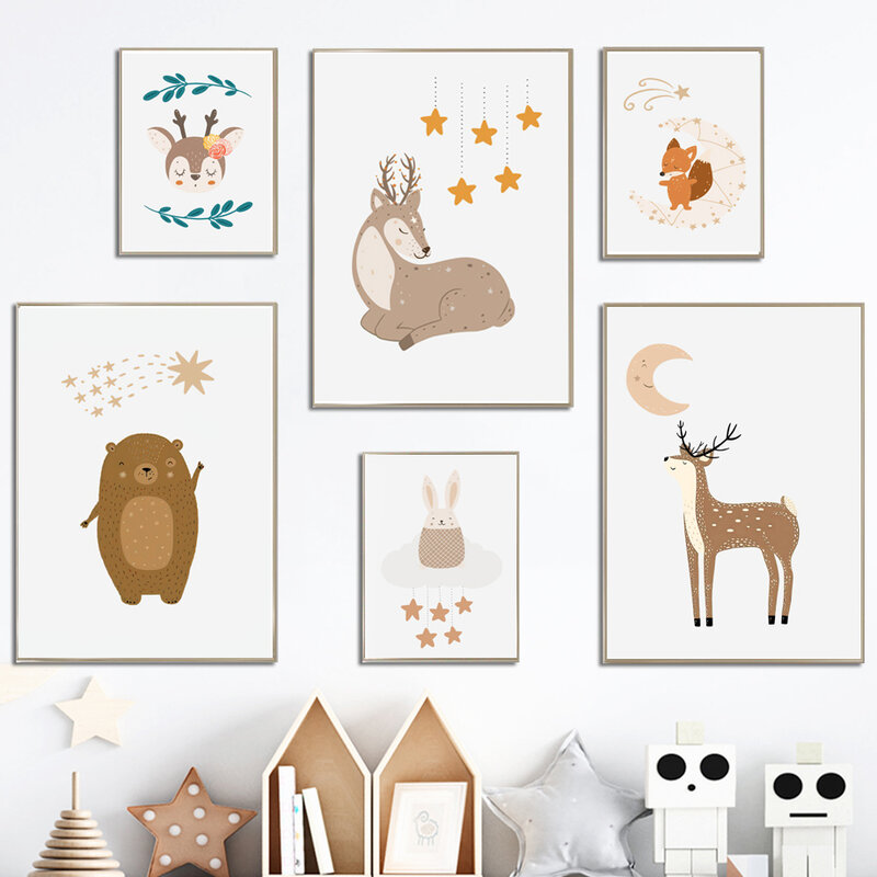 Peinture sur toile avec animaux, cerf, mouton, renard, ours, décoration murale pour chambre d'enfant, affiches et imprimés nordiques
