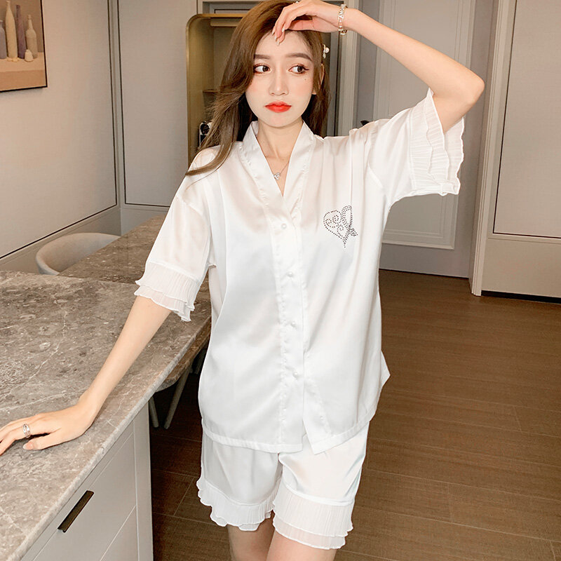 White Love Pajamas Women's Summer Short Sleeve Simple Ice Suit Cardigan Thin Homewear Artificial Silk Can Be Worn outside