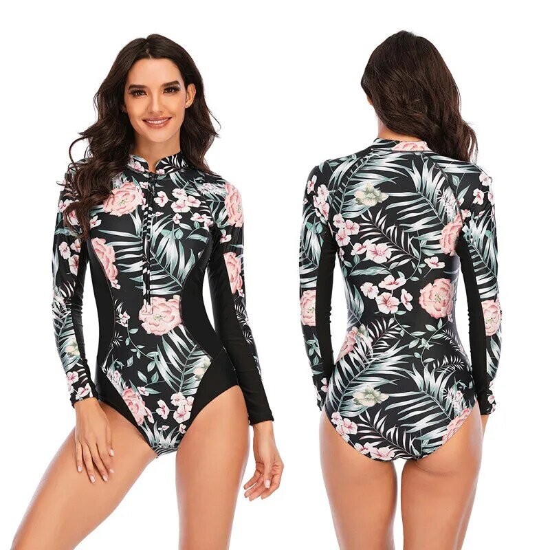 Pakaian Renang Satu Potong Pelindung Ruam untuk Wanita Baju Renang Cetakan Lengan Panjang Pakaian Mandi Bodysuit Selancar Wanita Pakaian Renang Print