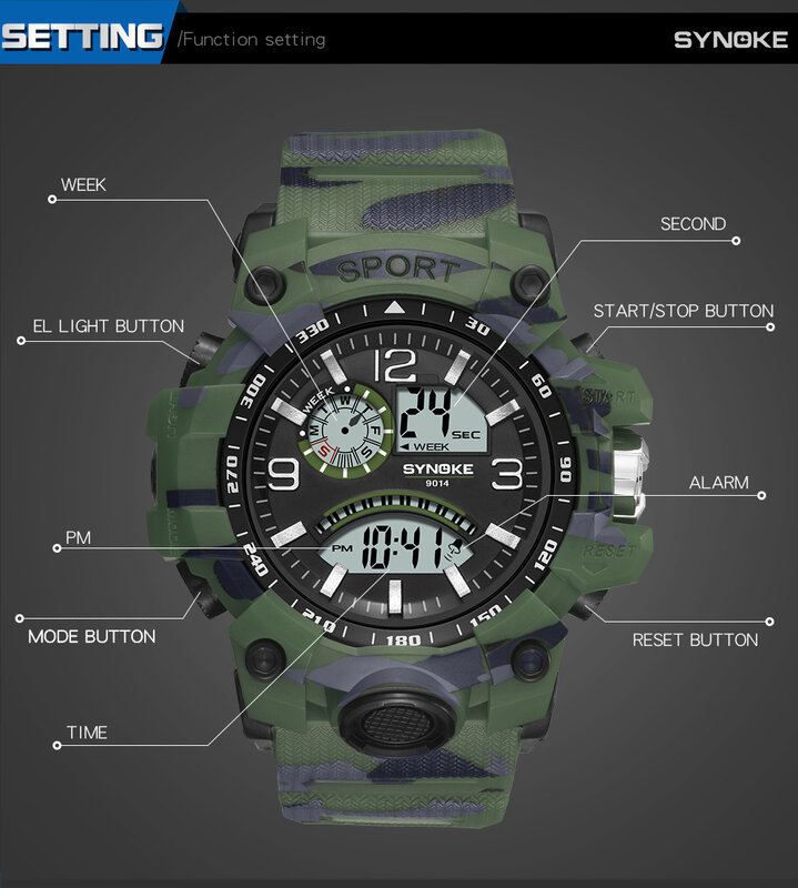 SYNOKE 남자 스포츠 전자 아날로그 디지털 시계 다기능 듀얼 디스플레이 야외 방수 남자 시계 큰 화면