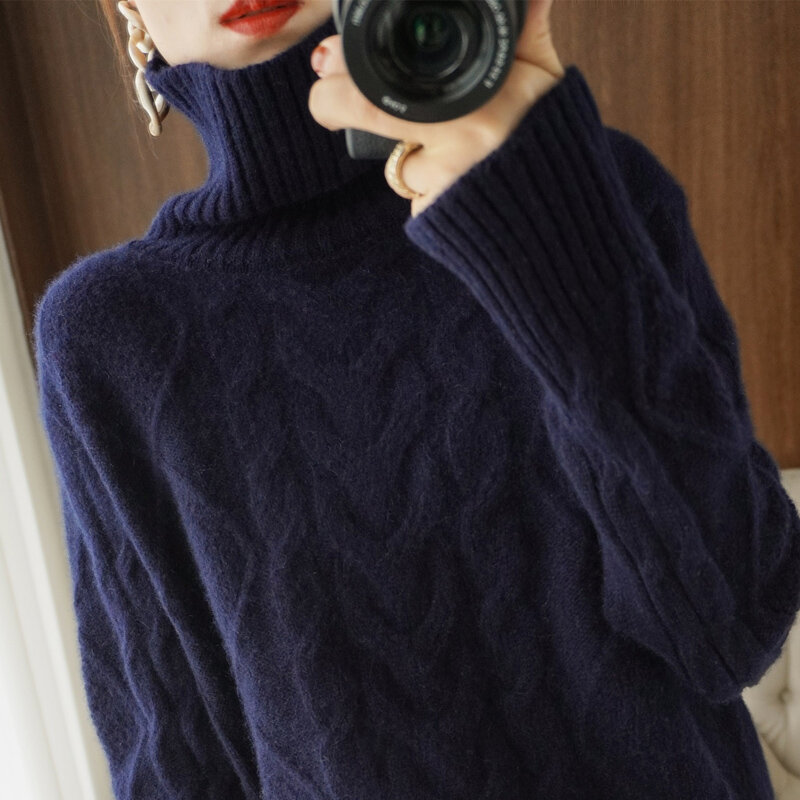 タートルネックの女性用プルオーバー,韓国スタイルの秋冬セーター,長袖,防風,太いツイスト,ウールのセーターベース,2021