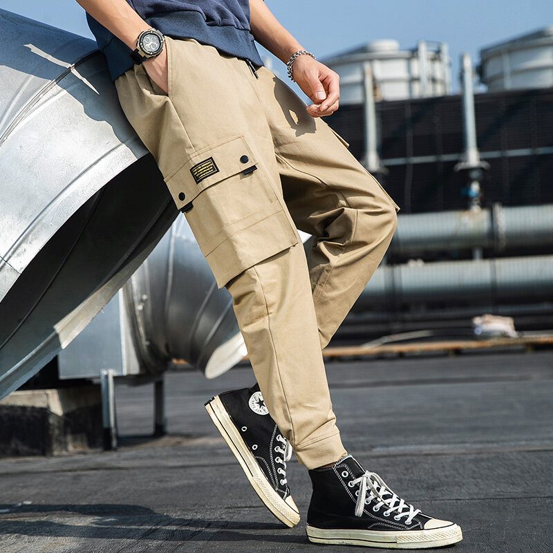 2021 wiosna jesień Casual Cargo spodnie męskie bawełniane solidne kieszenie sznurkiem koreański moda luźny krój spodnie do kostek mężczyzn 5XL