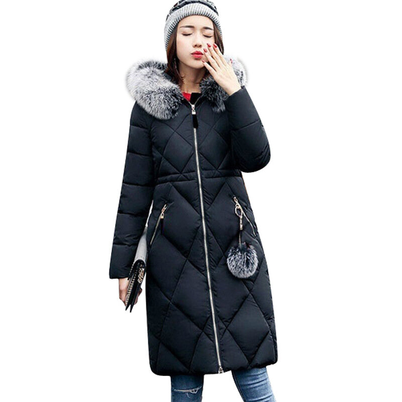 5XL piumini lunghi invernali da donna taglie forti top caldi 2019 collo di pelliccia Casual piumini con cappuccio in cotone spesso cappotto coreano