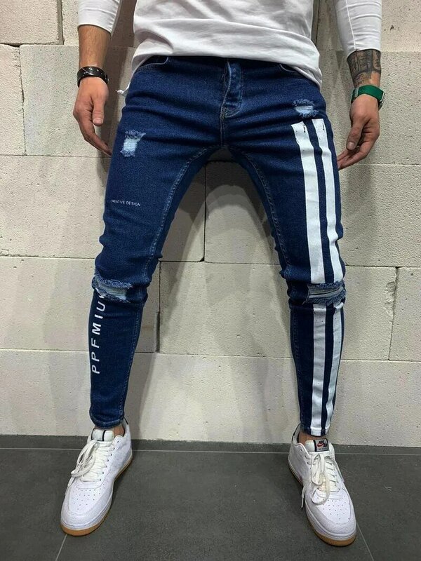 Calça de moletom masculina sexy com buracos, jeans casual, verão, outono, rasgada, skinny, calça motociclista, roupa externa