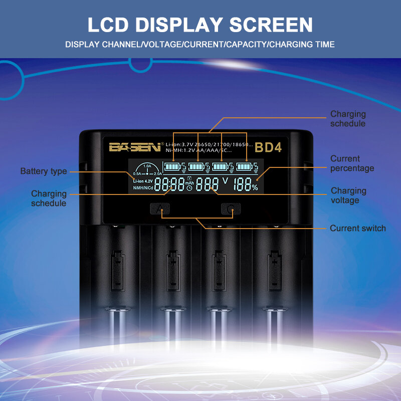 Cargador de batería BD4 LCD para 18650, 26650, 21700, 18350, AA, AAA, 3,7 V/3,2 V/1,2 V, NiMH, batería 18650, cargador inteligente