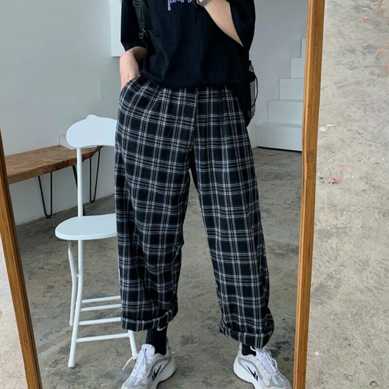 Plaid Pants Women Casual Chic Oversize 3XL Loose Wide Leg Trousers Ins Retro Teens Harajuku Hip-hop All-match Unisex Streetwear
