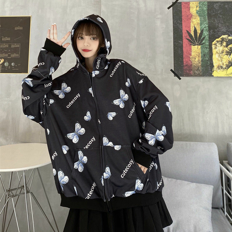 Verão harajuku borboleta hoodie com zíper moletom feminino 2021 primavera oversized hoodies outerwear plus size
