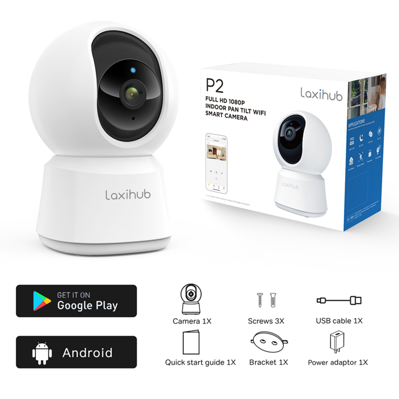 Laxihub-屋内監視カメラ,360 °,ワイヤレスセキュリティデバイス,暗視,ペット/乳母用,1080p