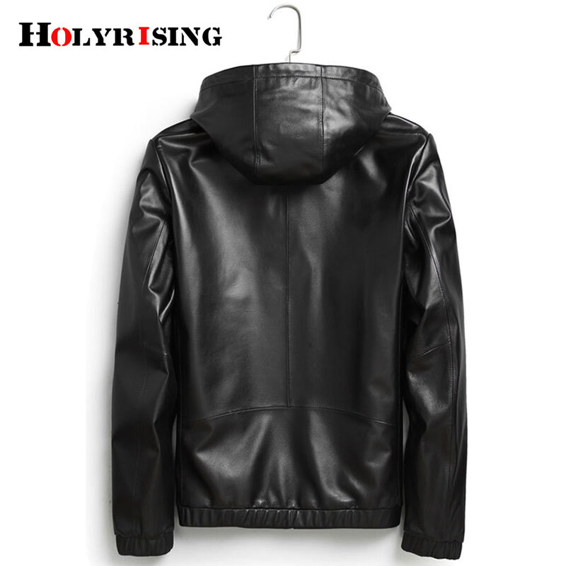New Genuine Leather Jackets Sheepskin Windproof Chaqueta De Los Hombre Hooded Soft Motorcycle Coats Zipper Black Menswear 19480