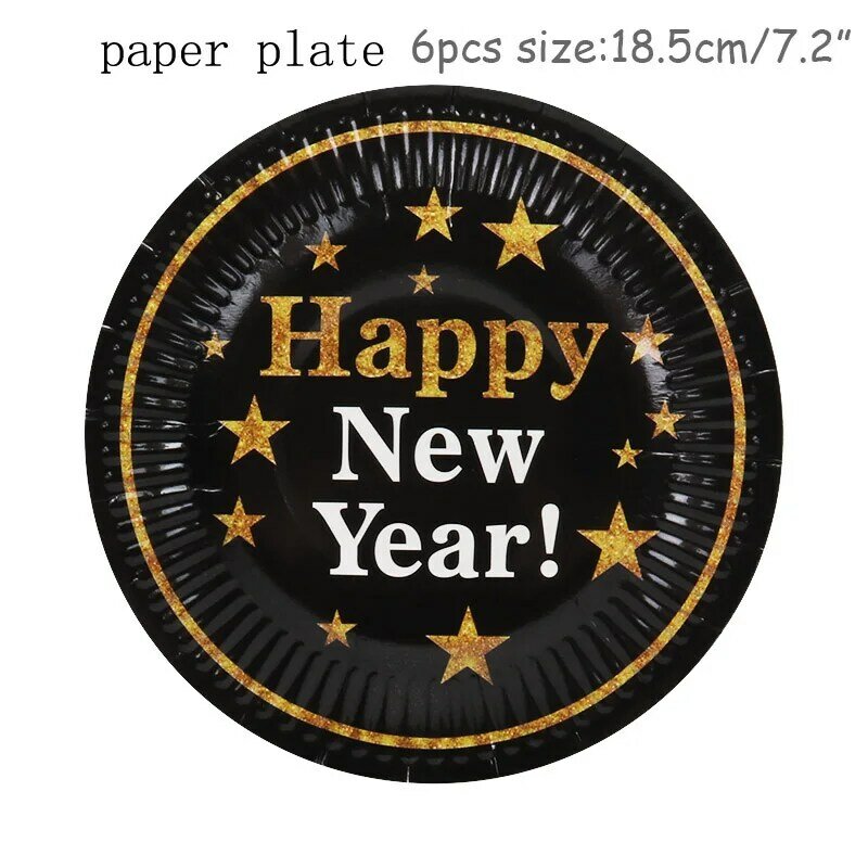 Decoración de fiesta de Feliz Año Nuevo 2021, globos de Año Nuevo de oro negro, plato de papel para taza, accesorios para fotomatón, pancarta de Navidad