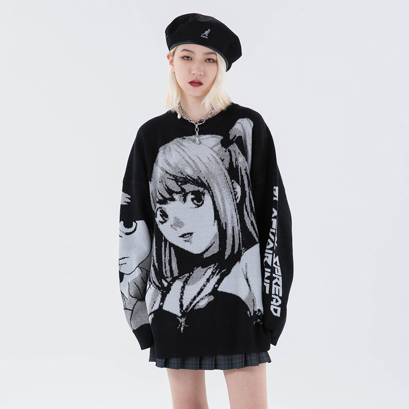 Harajuku blusa de malha feminina, suéter de tamanho grande, top de manga comprida, moda gótica, roupas de rua japonesas de desenho animado kawaii 2020