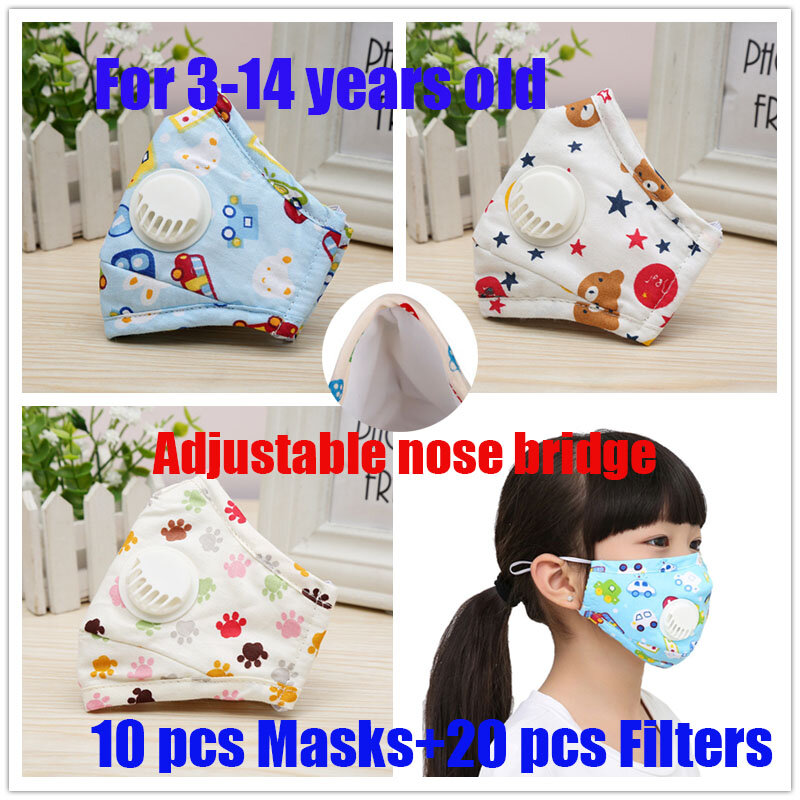 Máscara facial infantil reutilizável, válvula respirável, proteção contra pó e fumaça, para crianças, meninas e estudantes, com 10 peças