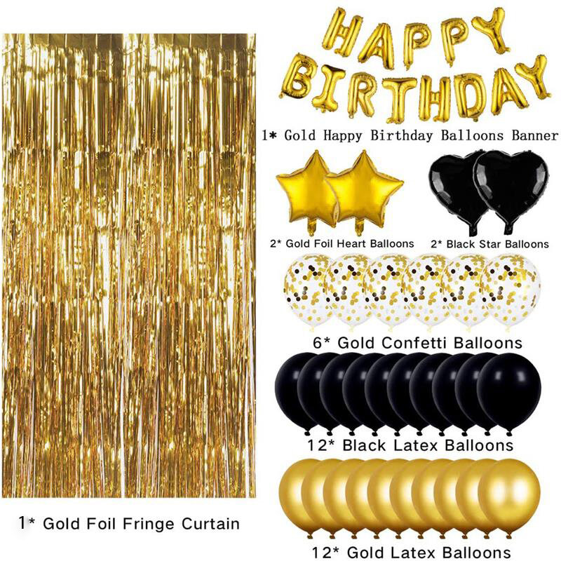 Conjunto de balões letras de aniversário, globos, decoração de festas, baile, mesa e reunião familiar, cor preta dourada
