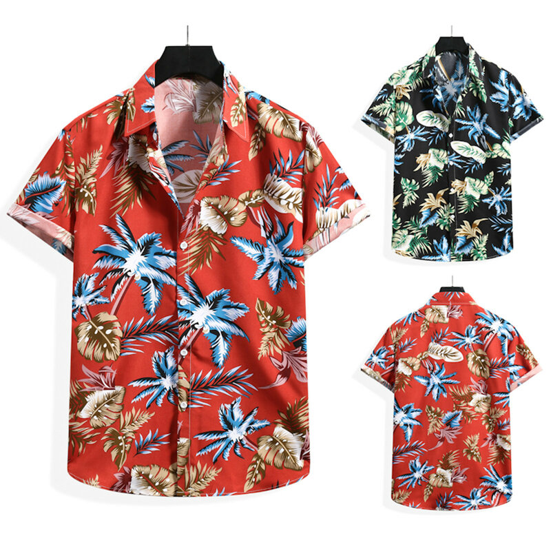 61 # قمصان رجالية عالية الجودة الصيف موضة عادية هاواي زهرة قميص تيشيرت بأكمام قصيرة الذكور بدوره إلى أسفل طوق قميص