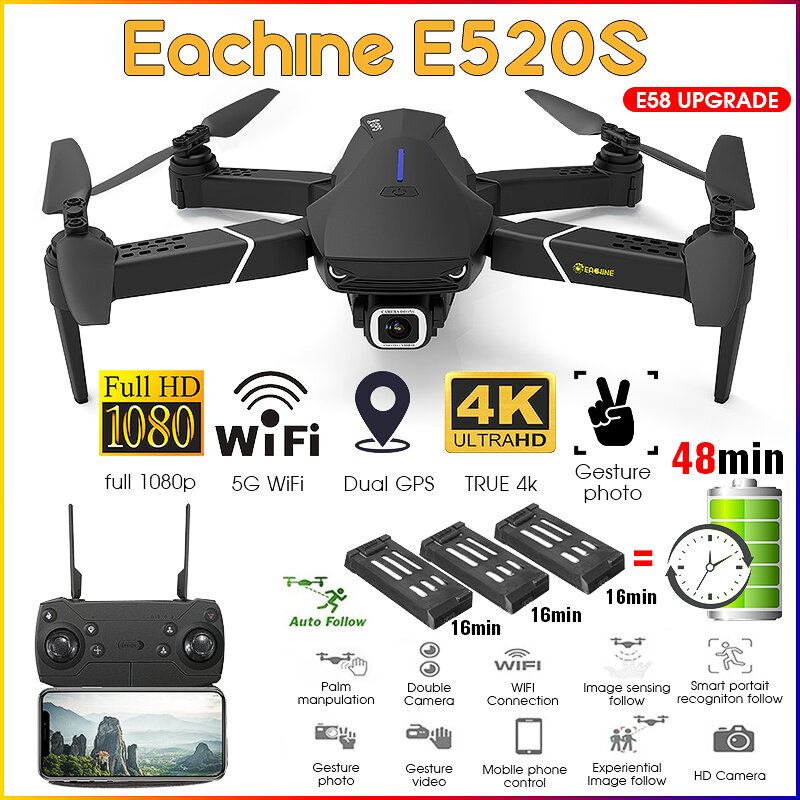 Eachine-Drone quadricóptero E520S RC, câmera HD 4K, GPS siga-me, helicóptero quadrotor, brinquedo dobrável profissional RTF com 5G, wifi FPV e lente grande angular
