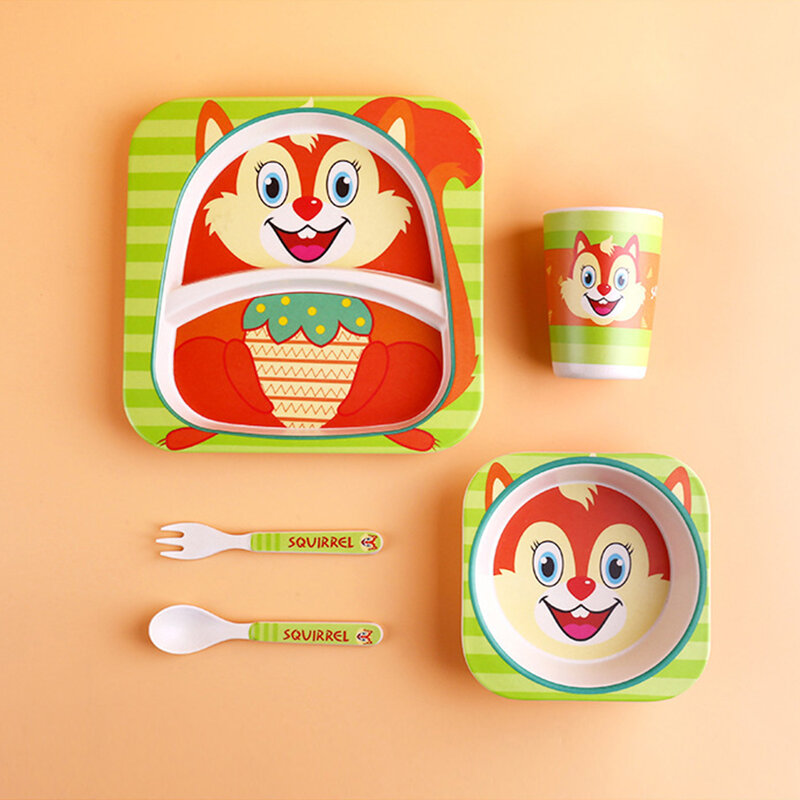 5ピース/セット皿ベビー供給子供の食器ベビーフード食器子供キッチン幼児給餌ボウルプレートスプーン竹食器
