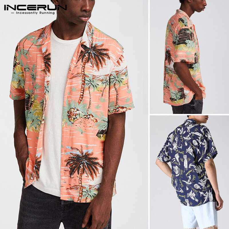 INCERUN Männer Gedruckt Shirts Kurzarm Revers Lose Hemd Hawaiian Urlaub Strand Bluse Casual Atmungsaktive Oberteile Streetwear S-3XL7