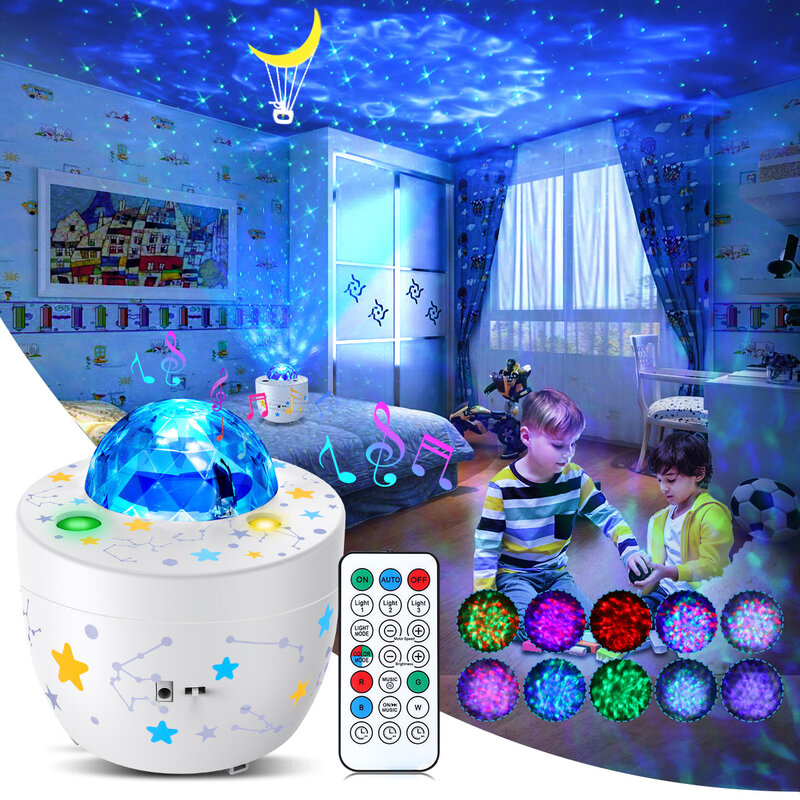 Projecteur LED rotatif de galaxie et ciel étoilé, lumière de nuit avec télécommande USB, luminaire décoratif pour la chambre d'un bébé ou d'un enfant, berceau en forme de lune ou de vagues de l'océan, 2021