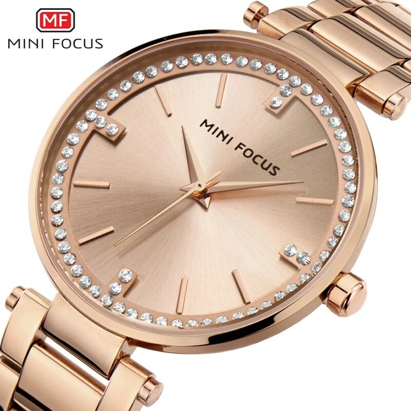 MINI FOCUS คริสตัลนาฬิกาข้อมือผู้หญิงสำหรับแฟชั่นสำหรับผู้หญิงนาฬิกาควอตซ์กันน้ำ Rose สแตนเลสทองส...