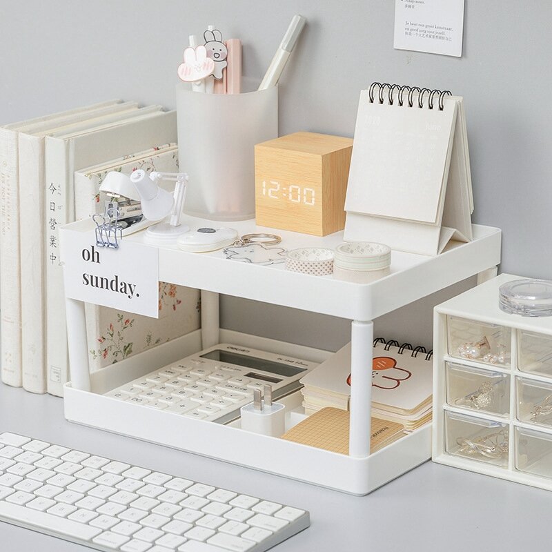 Estantes multifuncionales para escritorio, organizador de artículos diversos, de plástico, doble, para almacenamiento de cosméticos
