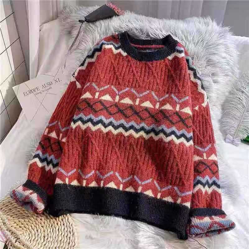 Sweater women's 2020 autumn and winter new loose pullover color matching wild sweater trendy retro temperament top coat