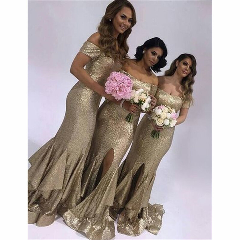 Diskon Besar Gaun Panjang Pengiring Pengantin Bahu Terbuka Emas Sampanye dengan Gaun Pesta Pernikahan Celah Depan Payet Gaun Pengiring Pengantin Putri Duyung