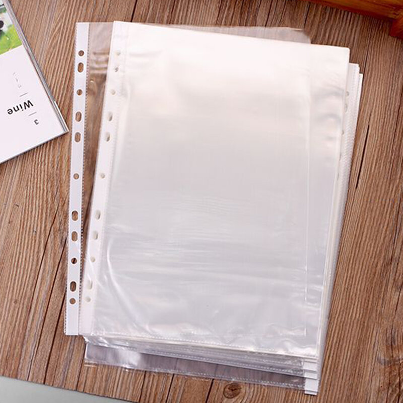 100Pcs A4 Plastic Punched Pockets Folders Filing 11 Holes Loose Leaf Documents Sheet Protectors Transparent Folder Bag