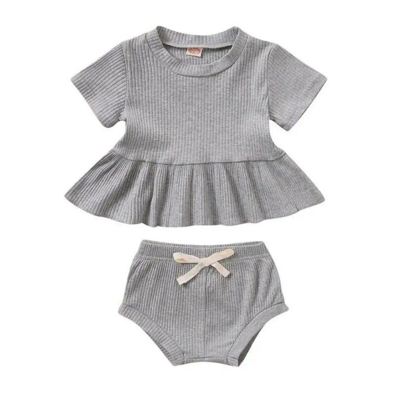 Musim Panas Bayi Perempuan Lengan Pendek Solid Cetak T-shirt Tops + Pp Celana Pendek Kasual Kostum Set