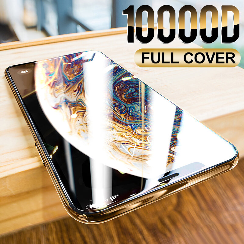 Kaca Pelindung Penutup Penuh Melengkung 10000D untuk iPhone 12 11 Pro X XR XS Max Pelindung Layar Antigores iPhone 7 8 6S Plus Kaca
