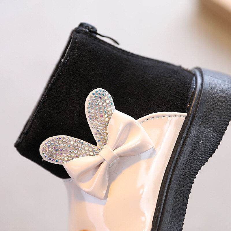 Zapatos coreanos de moda para niños y niñas, zapatillas con Orejas de conejo y lazo para bebé, con cremallera lateral, de cuero sintético, color negro, Mary Jane