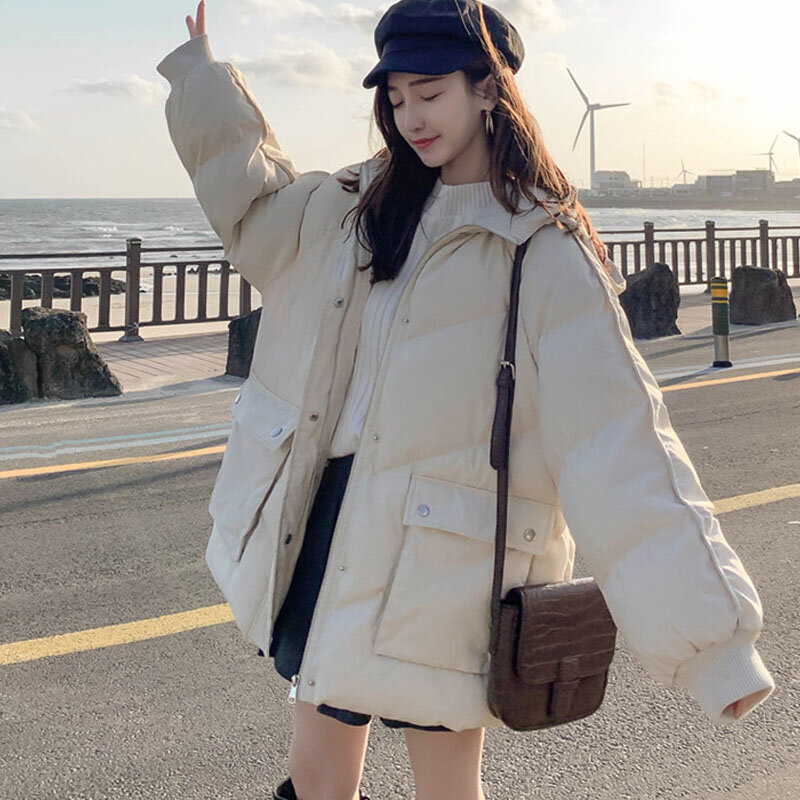 2021 한국 겨울 패딩 자켓 여성 짧은 칙 빵 느슨한 두꺼운 하라주쿠 학생 후드 패딩 자켓 코튼 의류