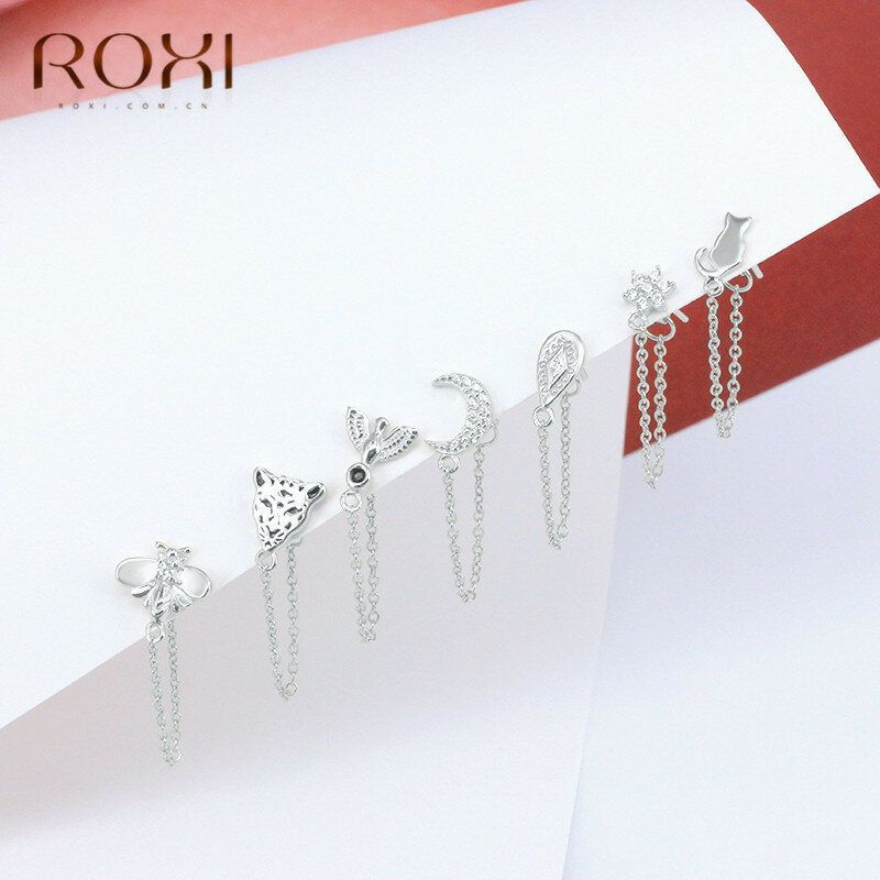 ROXI 925 Sterling Silver Crystal Zircon Chain Earring for Women Gold Silver color Pigeon/Bee/Cat Animal CZ Stud Earrings Jewelry