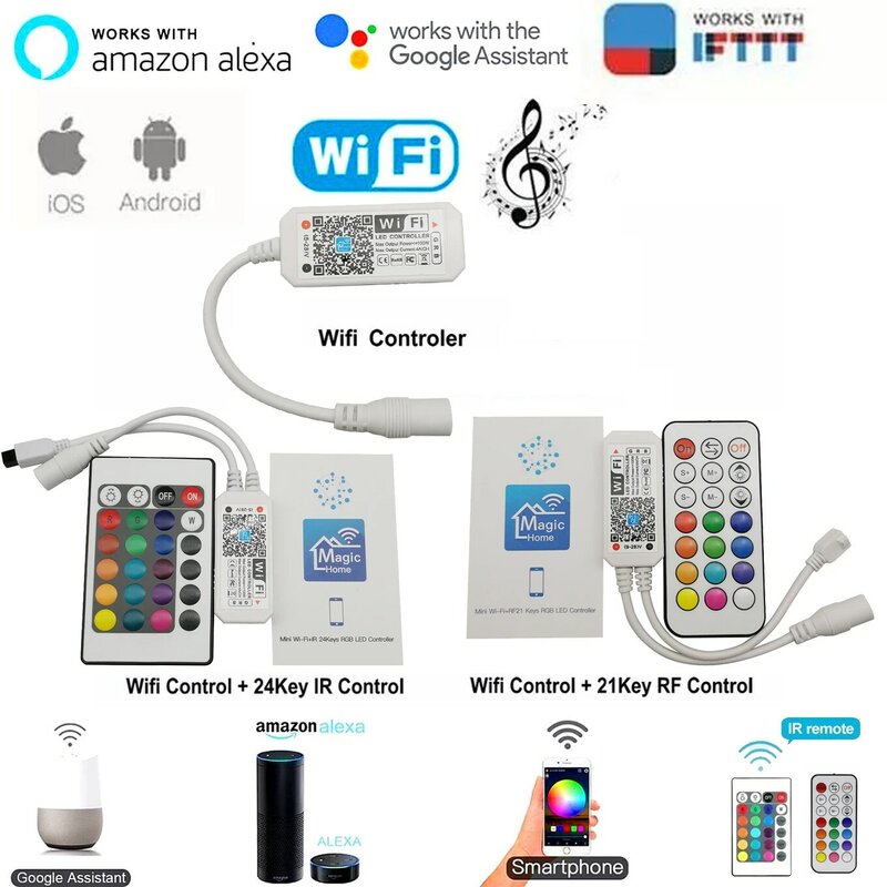Magic Home – contrôleur de bande LED Wifi, Bluetooth, RGB, RGBW, RGBWC, télécommande RF/IR, contrôle vocal via application pour Smartphone, Alexa et Google
