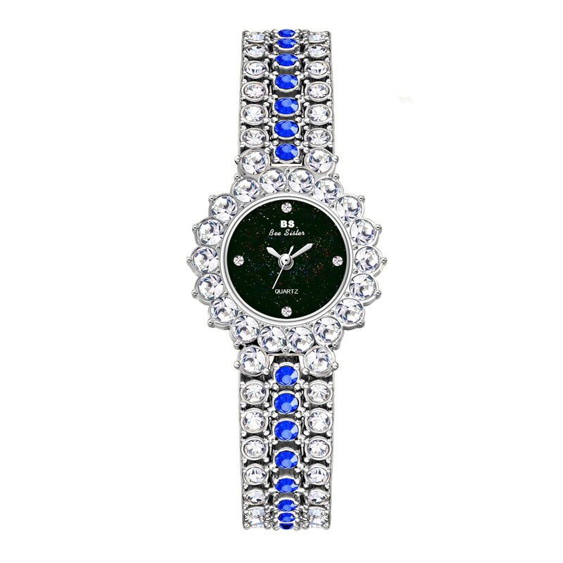 กันน้ำ BS เย็นผู้หญิงนาฬิกาสำหรับสุภาพสตรียี่ห้อ Bling Rhinestone เงินสีเขียวสีฟ้าสร้อยข้อมือ Coffret Cadeau Femme