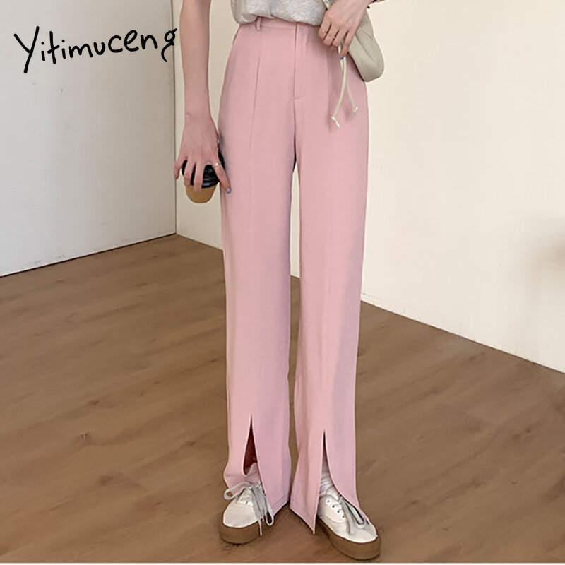 Yitimuceng terno calças das mulheres verão dividir fork perna larga em linha reta cintura alta casual preto rosa 2021 moda streetwear