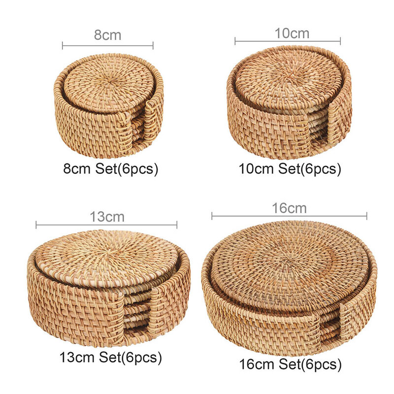 6Pcs 4 Size Handcrafted Woven Rattan Coaster Multi-Use Heat Insulation Anti Scald Round Tea Cup Mat Pot Cushion Pad With Holder