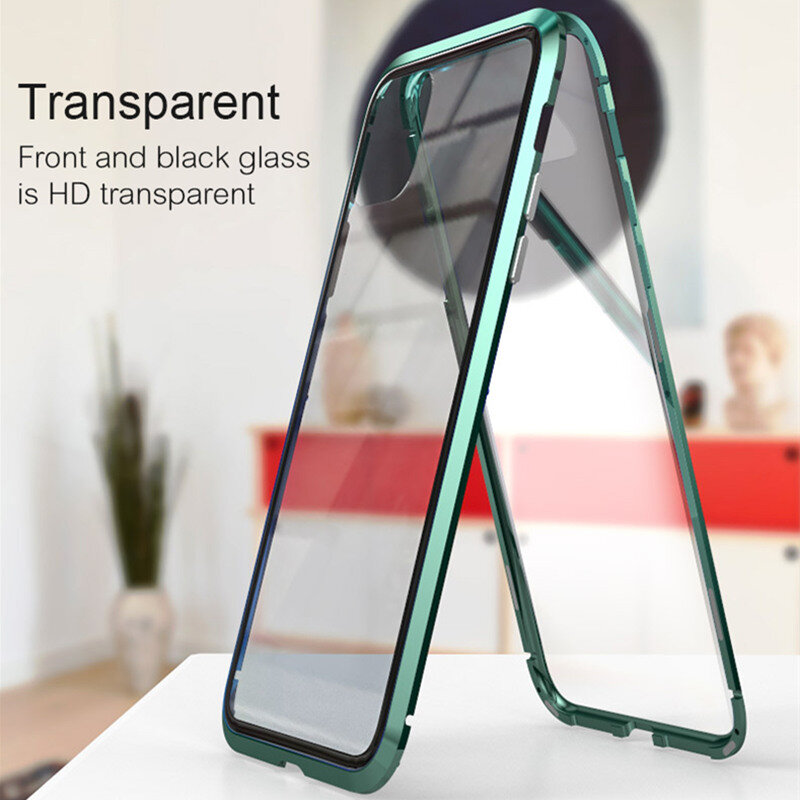 Adsorção magnética de metal caso da aleta para o iphone 14 13 12 11 pro xs max xr 8 7 mais transparente dupla face caso ímã de vidro
