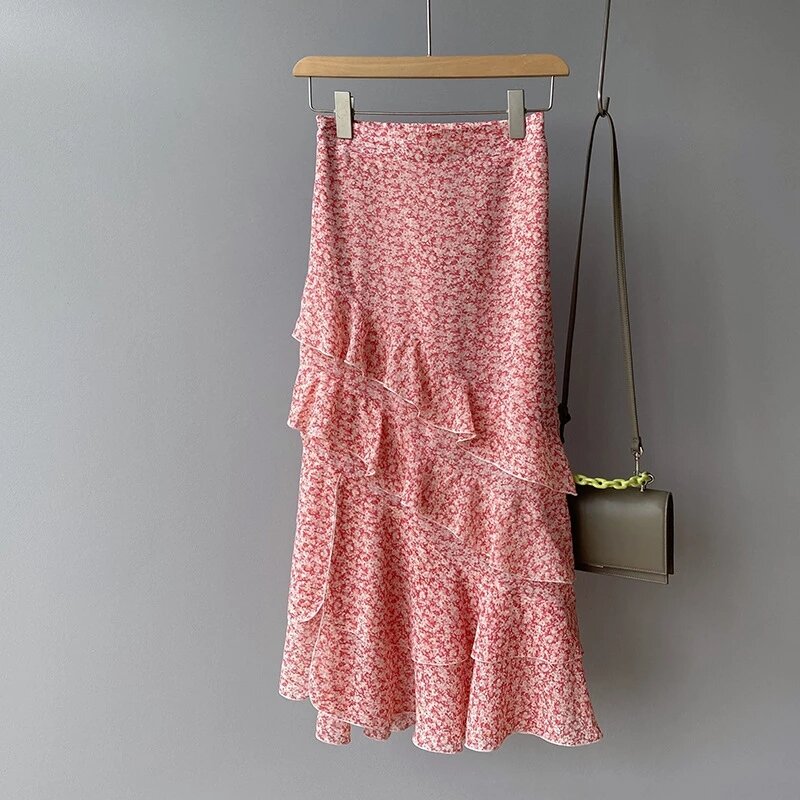 Coreano fresco doce floral impressão chiffon saias em cascata plissado divisão a linha saia feminina 2021 elegante temperamento verão faldas