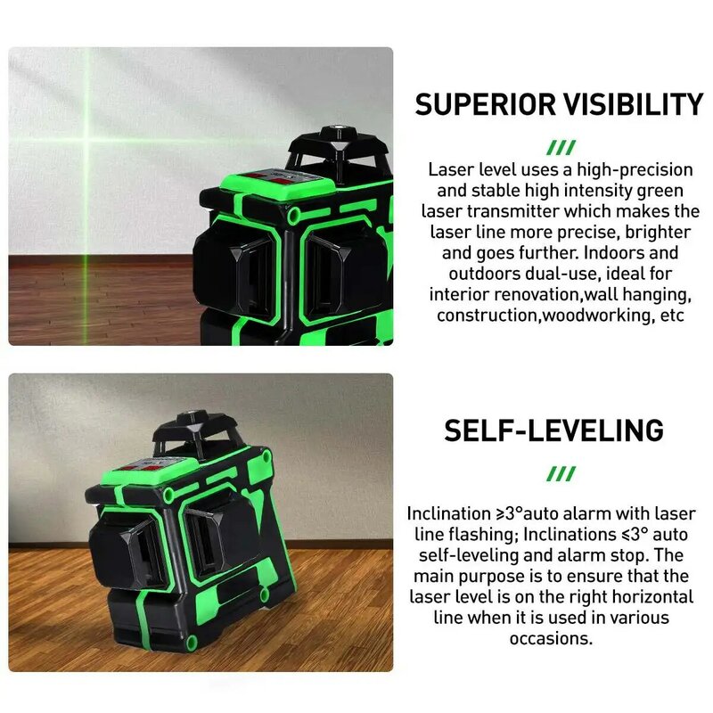 Nivel láser 3D de 12 líneas, autonivelante de línea verde 360, Horizontal y Vertical, nivel láser verde superpotente con trípode de 1,5 M