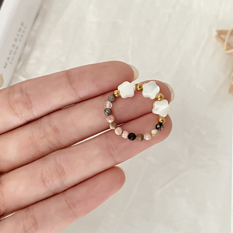 Classic Heart-shaped Shell Ring Set Rhodochrosite Natural Stone Rings Stainless Steel Beads for Women Birthday Gifts for Girls