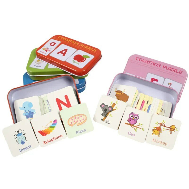 Baby Cognitive Puzzle Cards Educational Toys Matching Game Cartoon Vehicle Animal Fruit English Learning flashCards for Children