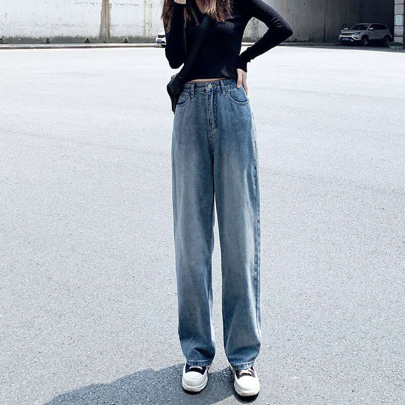 Jeans Denim Wanita Longgar Pinggang Tinggi Kasual Jeans Jalanan Antik Celana Jeans Kaki Lebar Panjang Celana Panjang Wanita Mode Capris 2021