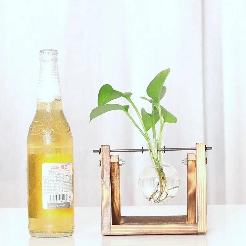 水耕植物の透明なガラスの花瓶,テーブルトップ,家の装飾のための創造的な木製フレーム