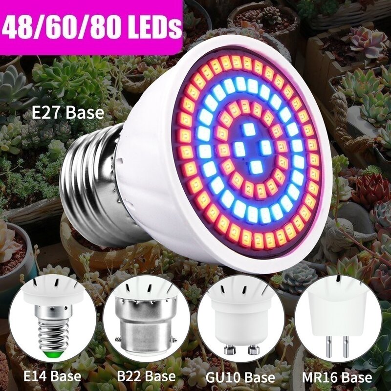 Lámpara LED para cultivo de plantas, luz de espectro completo E27, E14, GU10, MR16, 80/60/48, luz roja y azul, 6W/18W/24W
