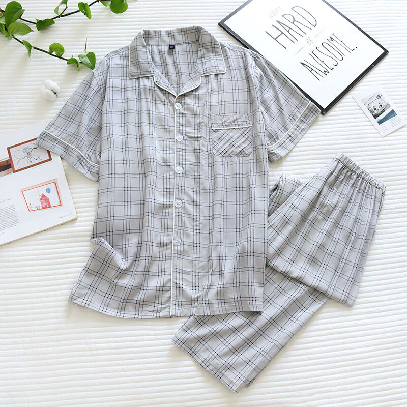 Summer men's cotton pajamas spring and summer thin short-sleeved comfortable and fashionable large-size cardigan cotton homewear